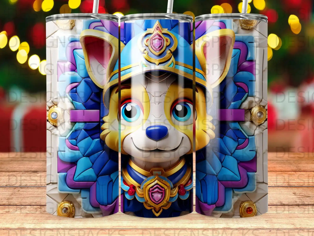 Blue and gold dog character wearing a helmet and ornate armor, with colorful patterned background.