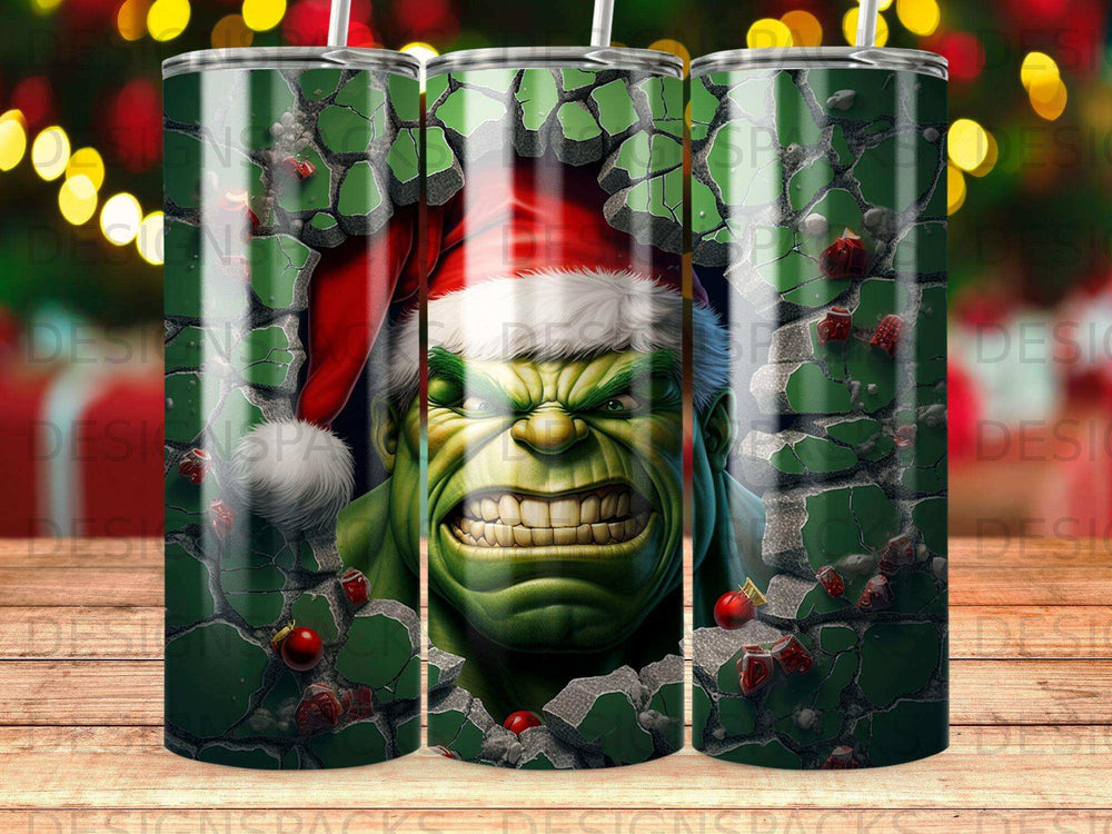 Hulk wearing a Santa hat smashes through a brick wall, festive holiday theme.
