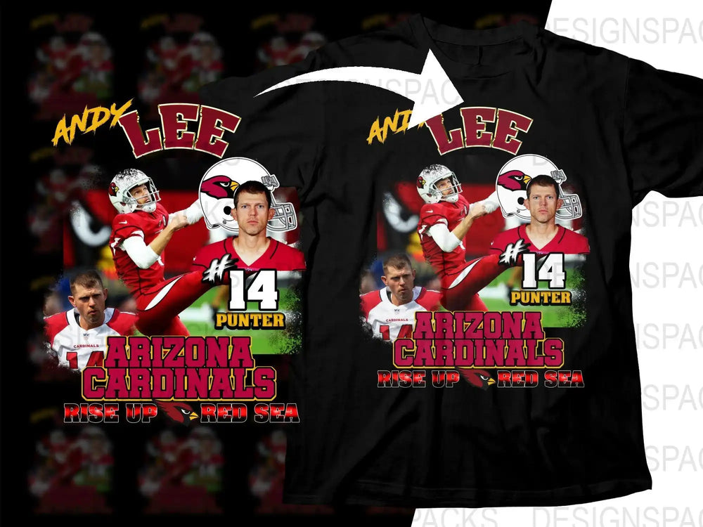 Andy Lee #14 Arizona Cardinals punter t-shirt design, print-ready for DTF DTG, Rise Up Red Sea