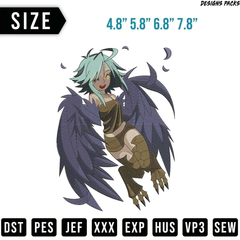 Anime winged girl embroidery design with size and file format options.