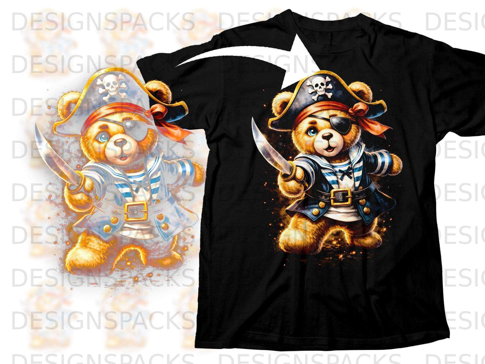 Pirate teddy bear with eye patch and sword on black t-shirt design.