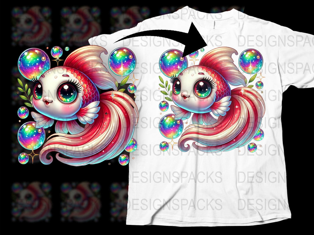Fantasy Fish T-Shirt, Colorful Bubble Eyes Cute Koi, Graphic Print Tee, Unique Whimsical Kids and Adults Top