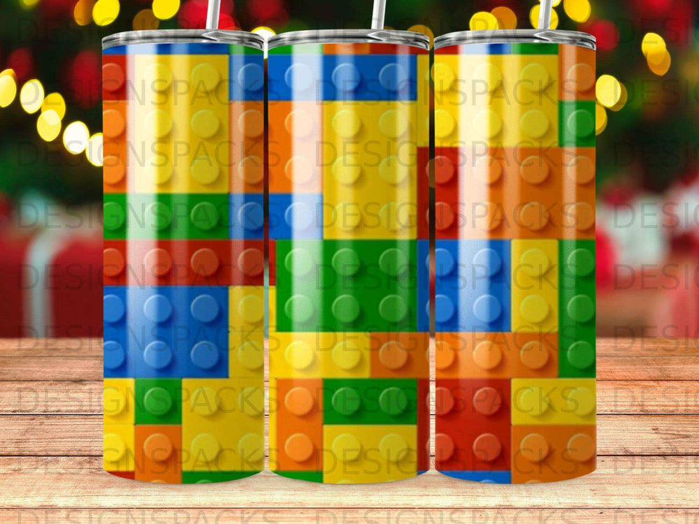 Three tumblers with a colorful brick pattern in a repeating row.