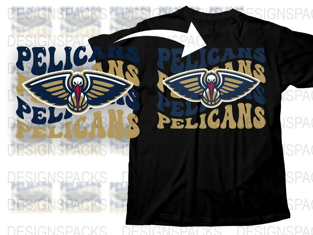 New Orleans Pelicans logo t-shirt design with bold text and team colors