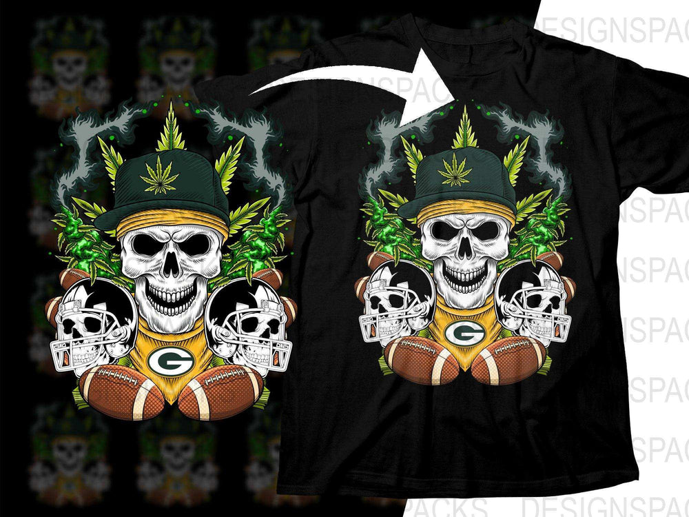 Skull in Green Bay Packers hat with cannabis leaves, footballs, and helmets on black t-shirt design