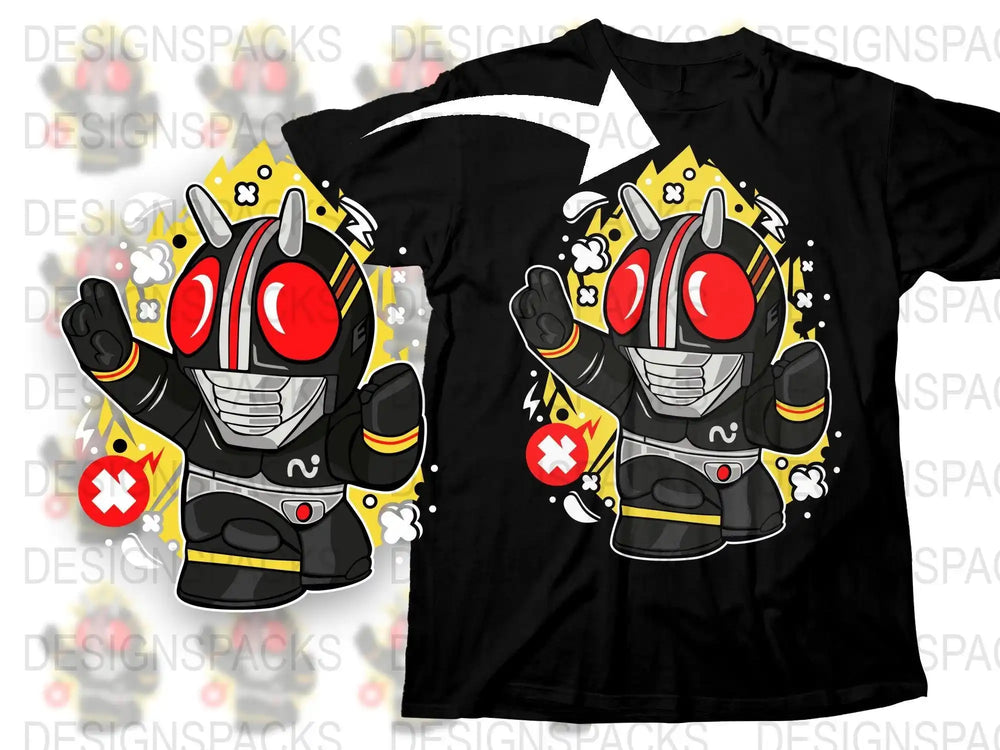 Cute Kamen Rider chibi design on black t-shirt, print-ready SVG/PNG for DTG/DTF, instant download