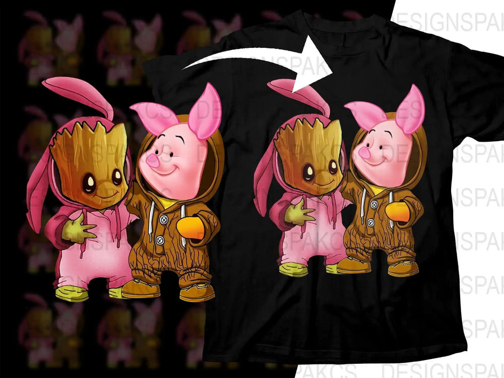 Groot and Piglet in bunny costumes, cute print-ready design for t-shirts, DTF/DTG ready