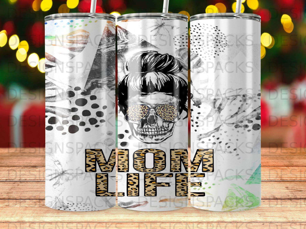 Tumbler with leopard print skull and "Mom Life" text.