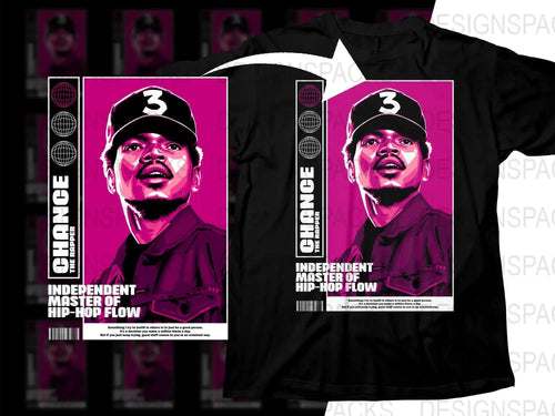 Black t-shirt with vibrant pink graphic of rapper wearing cap, text 'Change The Rapper' and 'Independent Master of Hip-Hop Flow'