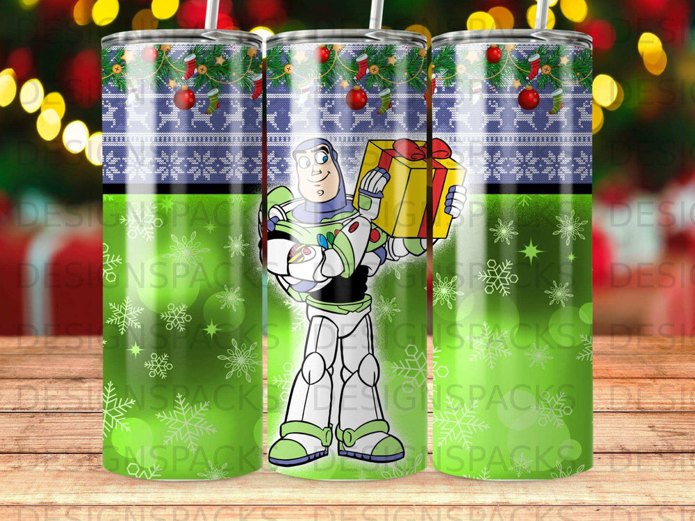 Buzz Lightyear holding a gift with a Christmas-themed pattern.