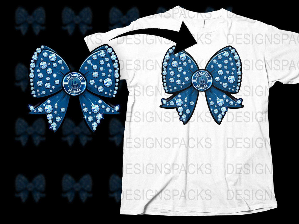 Blue rhinestone bow with LA Dodgers logo, print-ready design for t-shirts, DTF/DTG, SVG/PNG