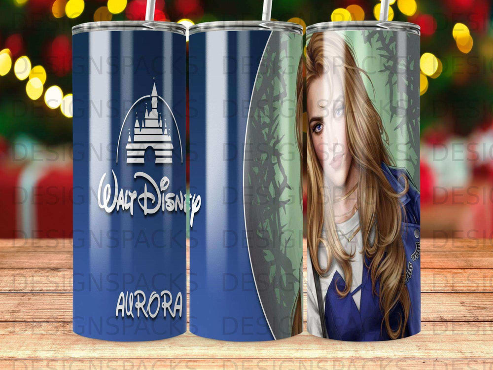 Disney Aurora tumbler with Walt Disney World castle and fireworks.