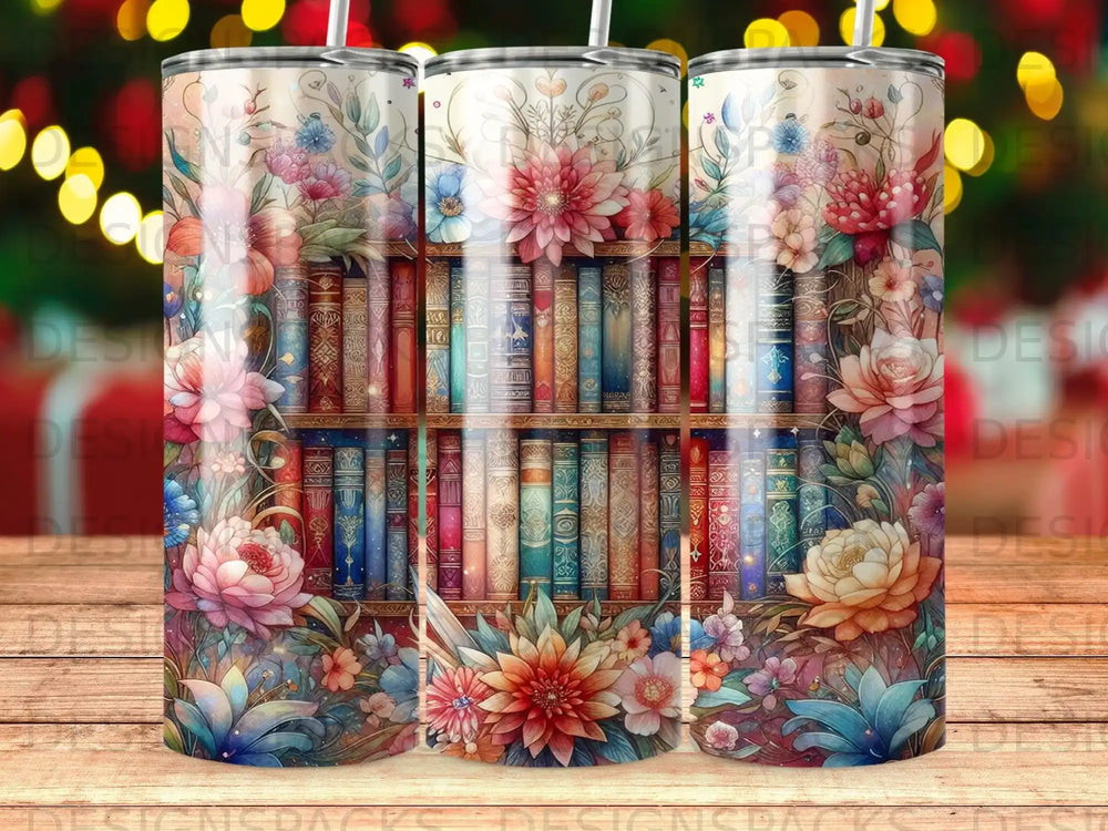 Floral patterned tumbler with stacked bookshelves and vibrant flowers.