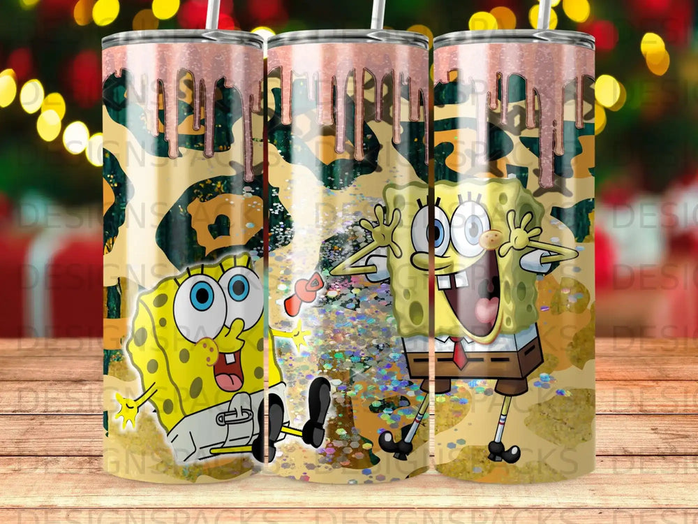SpongeBob SquarePants on a leopard print tumbler with dripping pink glaze.