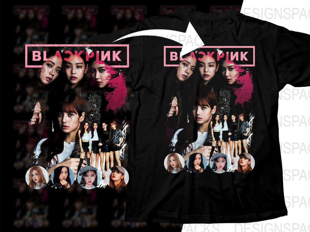 Blackpink K-pop group design on black t-shirt, print-ready PNG for DTG/DTF