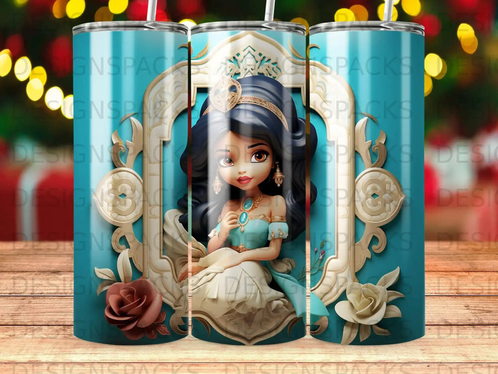 Jasmine from Aladdin illustration on a teal tumbler with decorative gold frame.