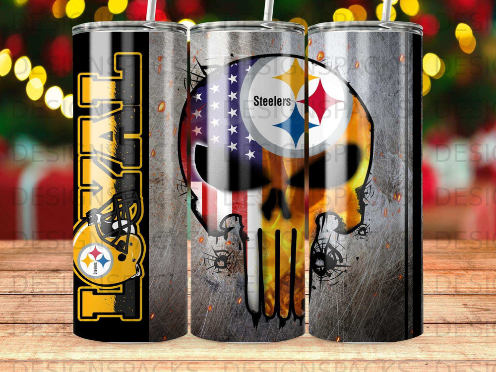 Pittsburgh Steelers skull logo tumbler with American flag accents.