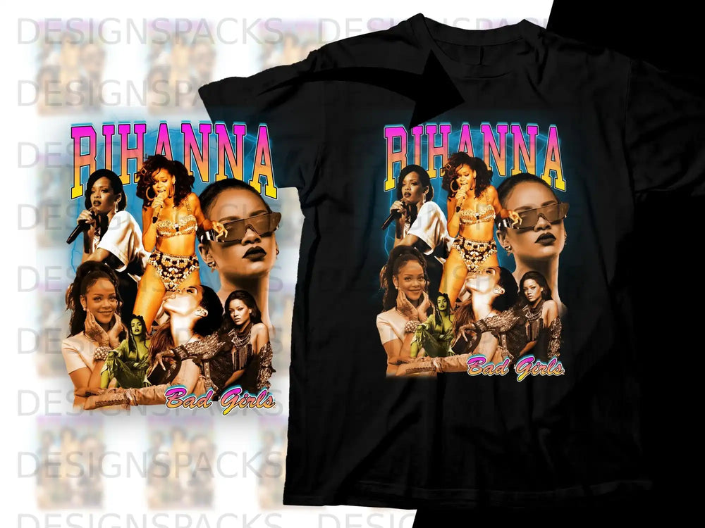 Rihanna collage with "Bad Girls" text on a black t-shirt.