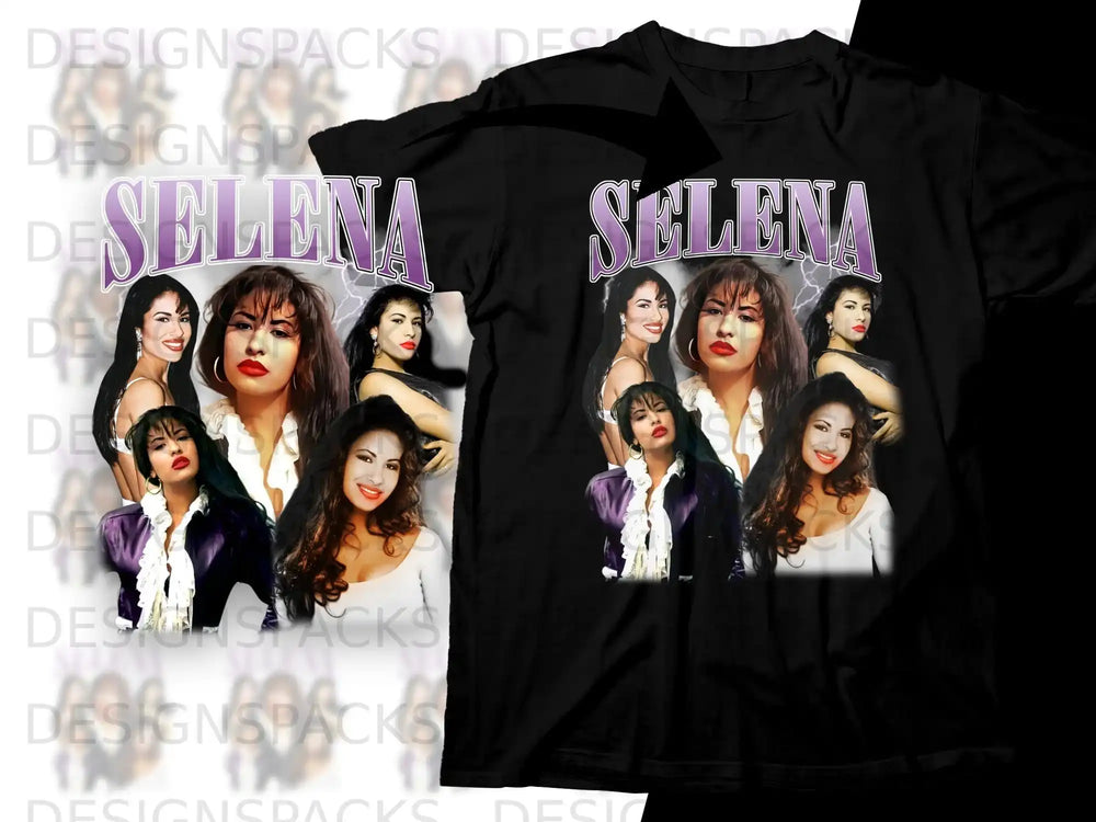 Black t-shirt featuring a montage of Selena Quintanilla portraits.