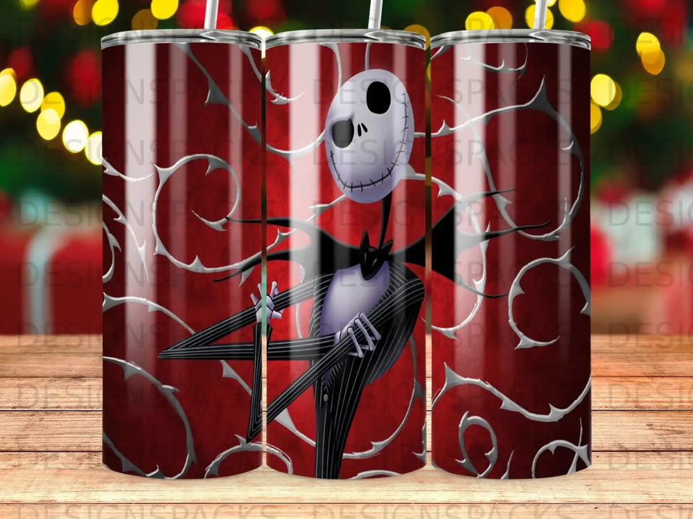 Jack Skellington in a pinstripe suit against a textured red background with thorny vines.
