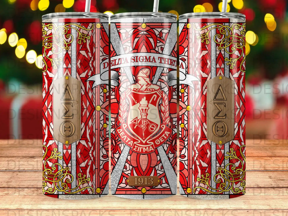 Delta Sigma Theta sorority tumbler with crest, Greek letters, and year 1913.
