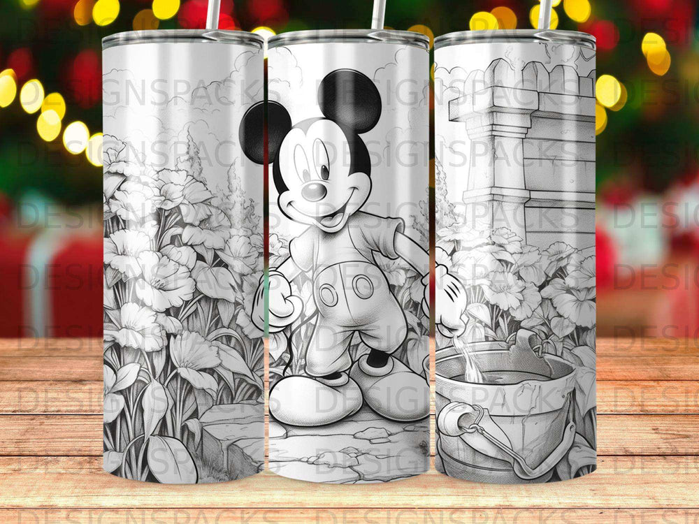 Mickey Mouse drawing with pail and flowers on a tumbler wrap.
