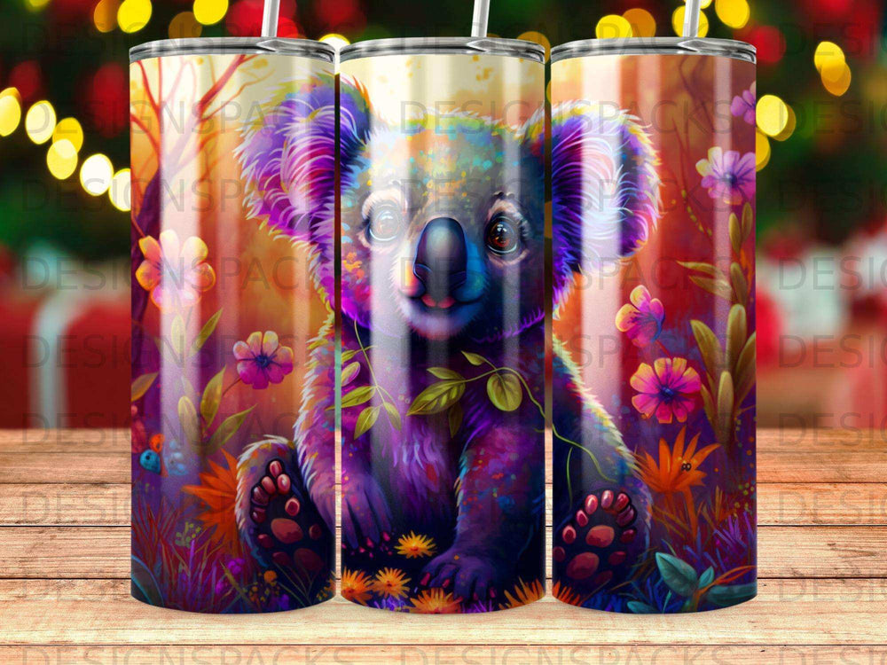 Vibrant, colorful koala with flowers and foliage, sitting in a whimsical forest.