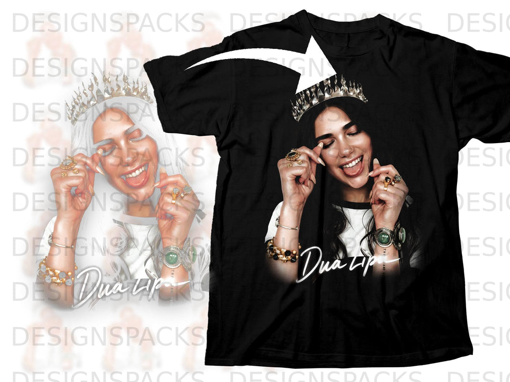 Black t-shirt with Dua Lipa wearing a crown and jewelry.
