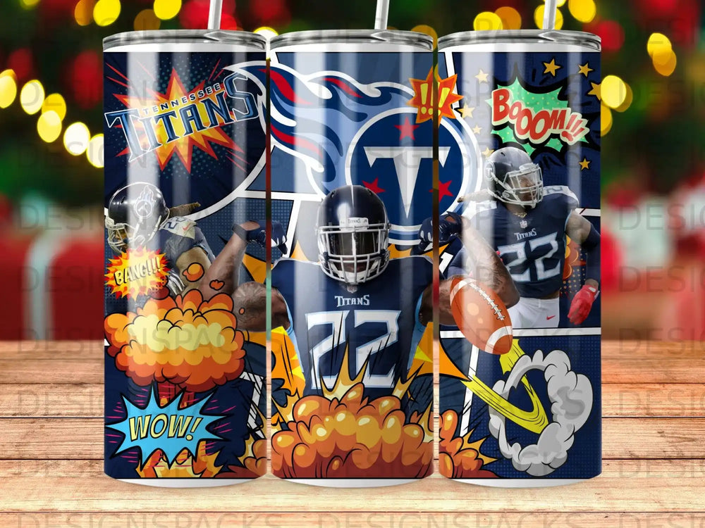 Tennessee Titans football players in action with comic book-style explosions.