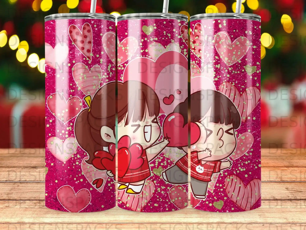 Cartoon couple holding hearts with pink glitter and hearts pattern.