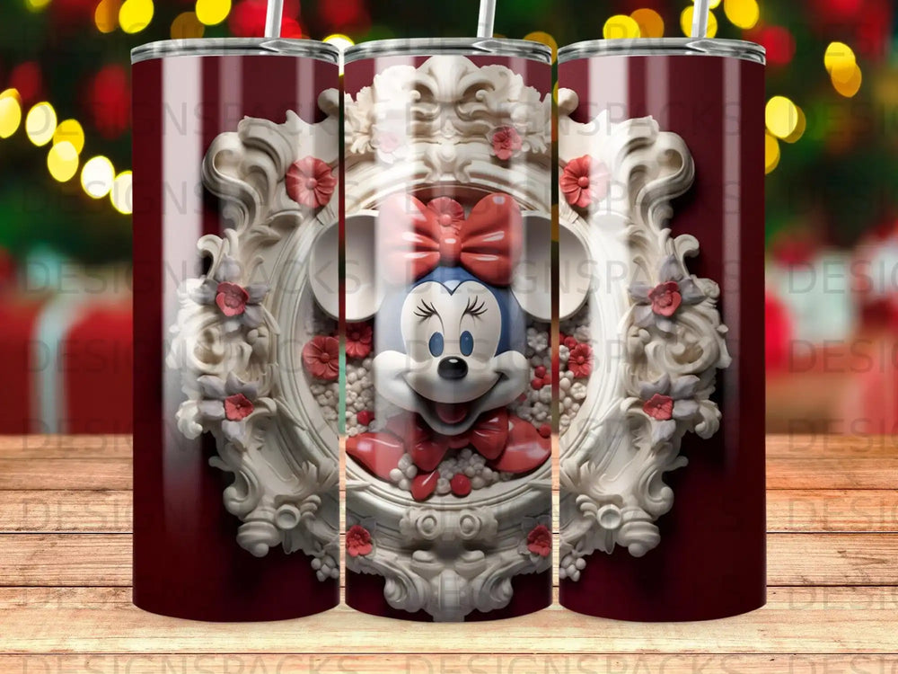 Minnie Mouse in ornate frame with red bows and flowers, on a tumbler.