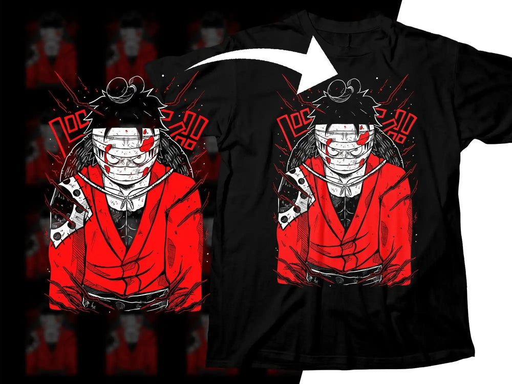 Anime-inspired red and black t-shirt design with bold graphic art, perfect for DTG printing.