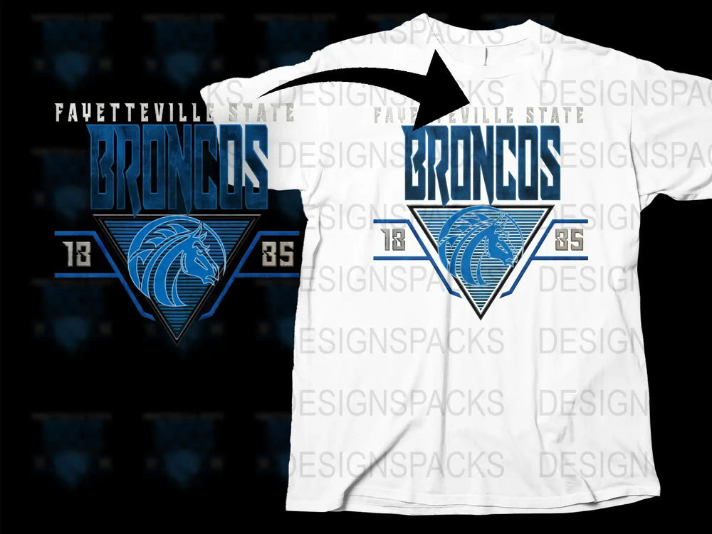 Fayetteville State Broncos t-shirt design with blue horse logo and 1885 text, print-ready for DTG/DTF.