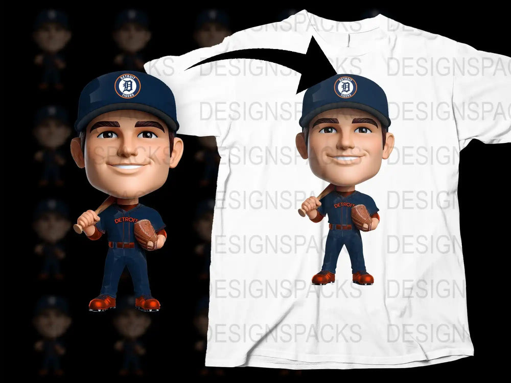 Detroit Tigers baseball player bobblehead design for t-shirt, print-ready PNG, DTF/DTG bundle