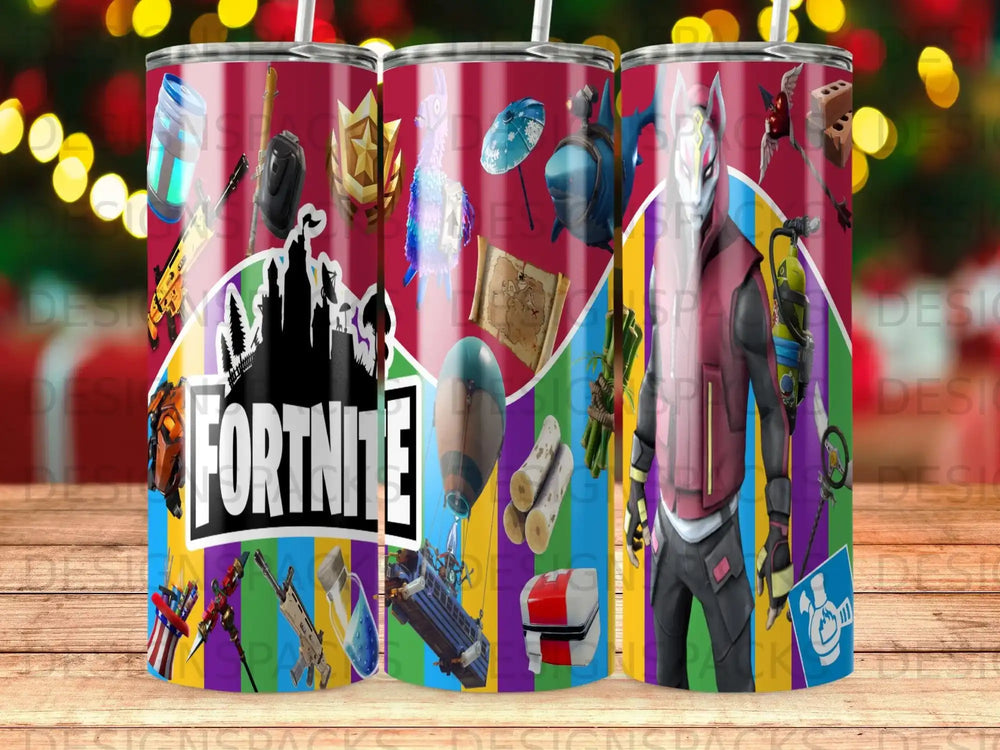 Fortnite characters and game elements on a blue, purple, and red tumbler.