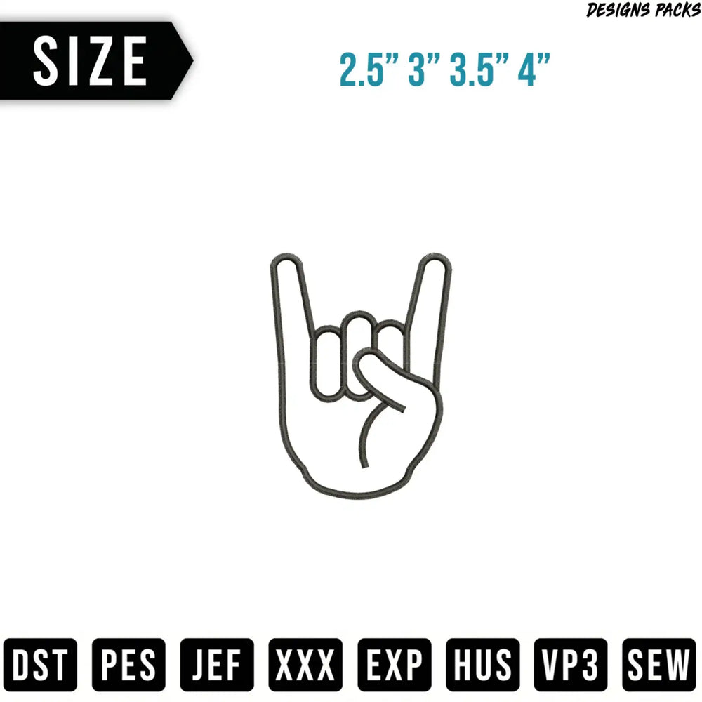 Hand making rock horns gesture with size options and embroidery file types.