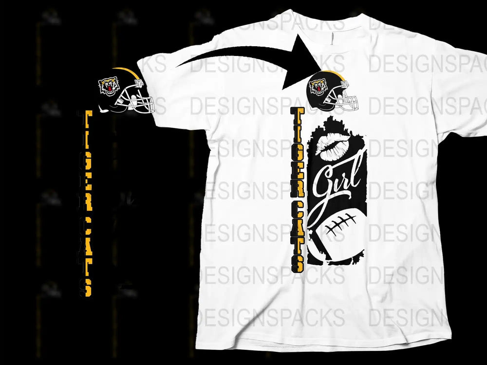 Tiger Cats football girl t-shirt design with helmet, lips, and ball graphic for DTF/DTG printing