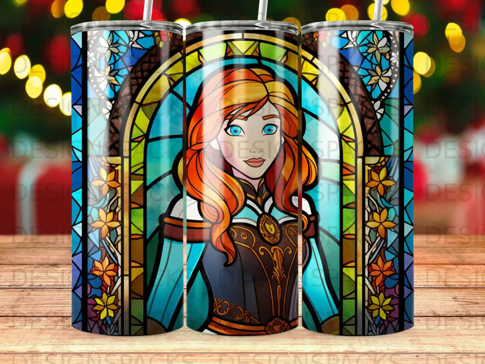 Stained glass illustration of a young woman with red hair and blue eyes.