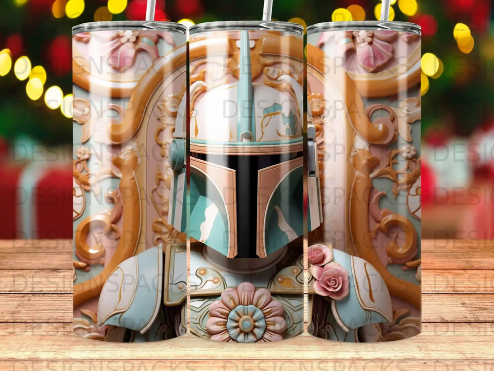 Boba Fett helmet with floral accents on a patterned background.