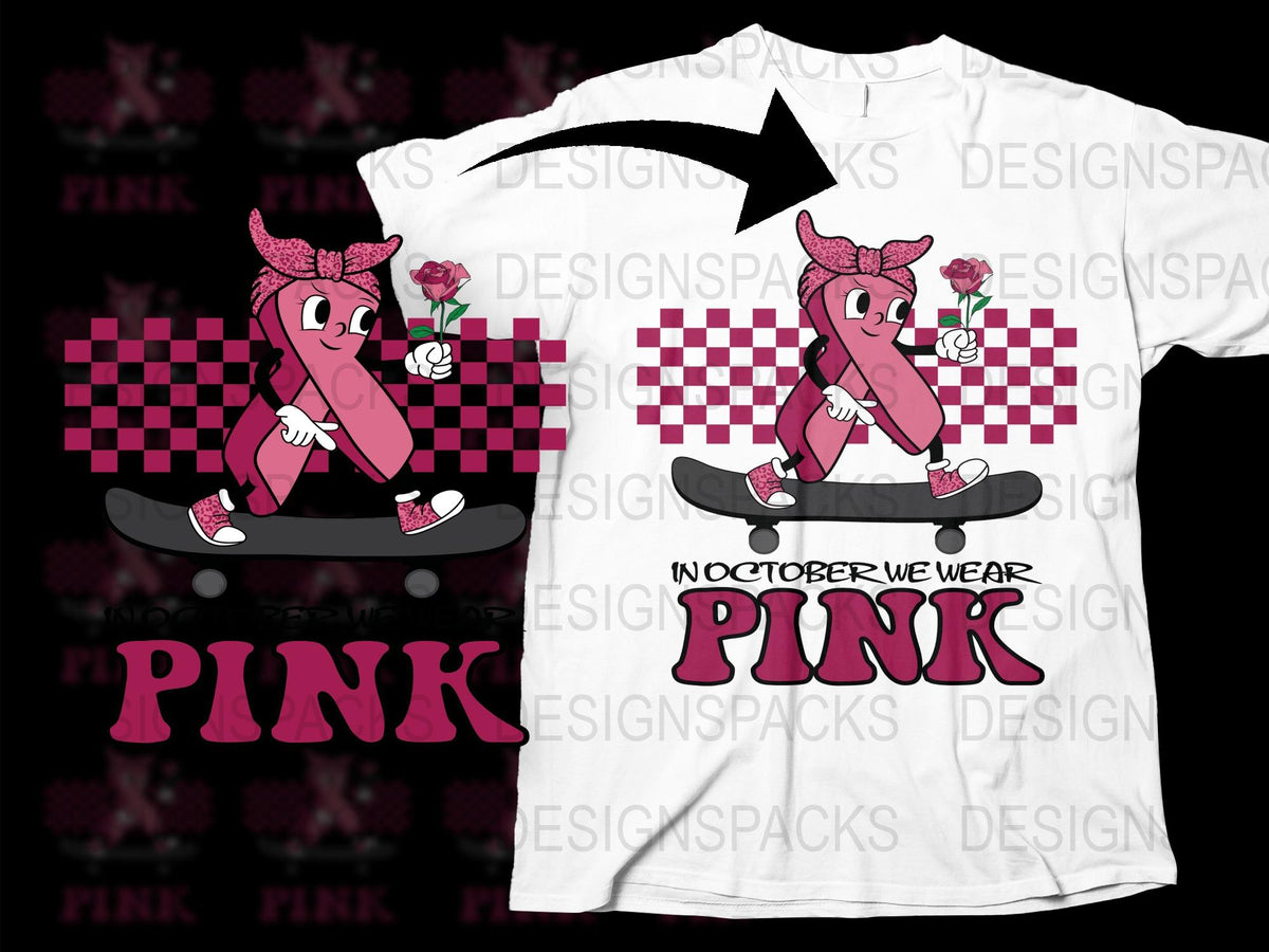 Pink October Breast Cancer Awareness T-Shirt, Cartoon Elephant Floral Skateboard Design, Unisex Fashion Tee