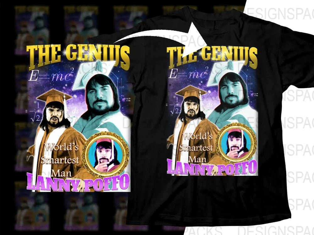 Lanny Poffo 'The Genius' wrestling t-shirt design with graduation theme, E=mc², print-ready PNG