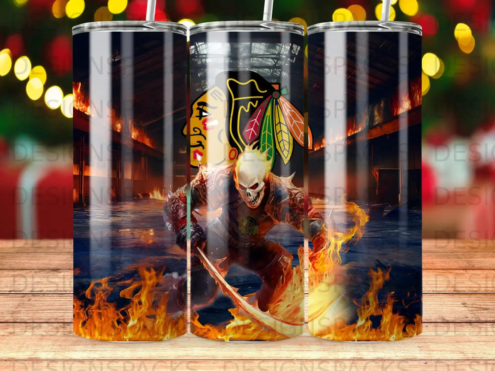 Chicago Blackhawks skeleton grim reaper with flaming sickle on fiery background.