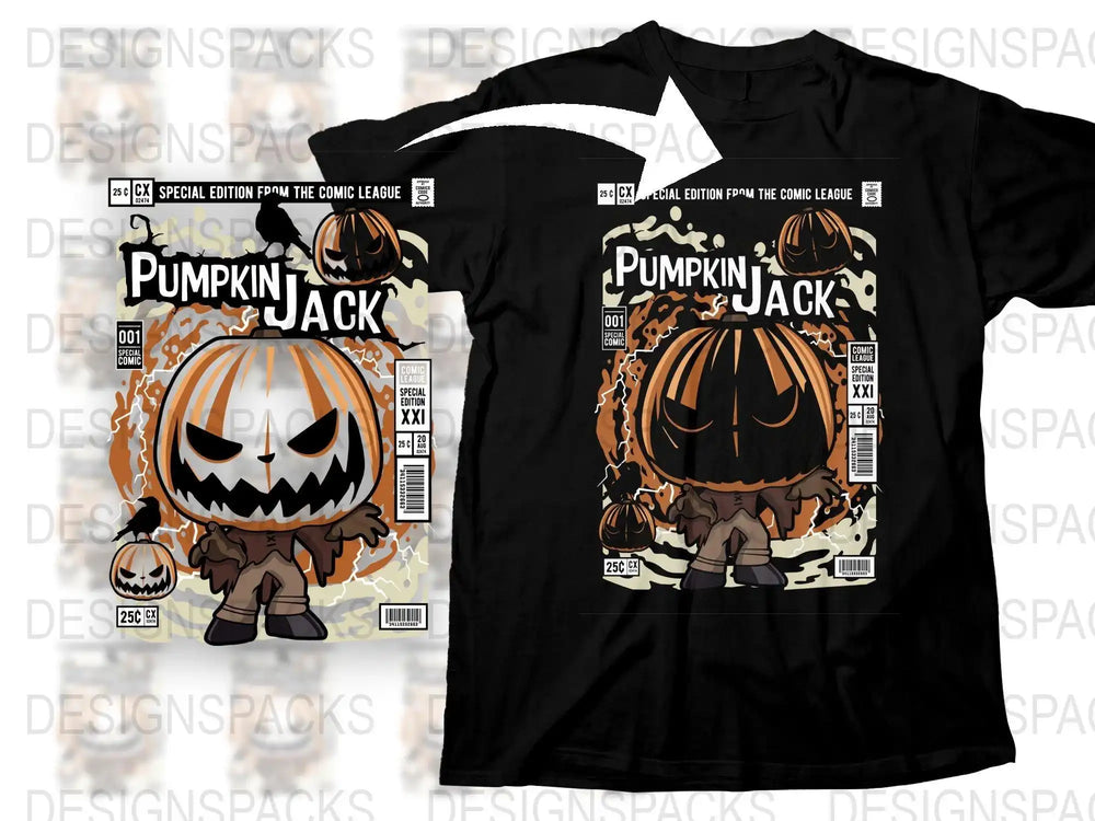Pumpkin Jack Halloween comic t-shirt design with spooky pumpkin character, perfect for DTF/DTG printing