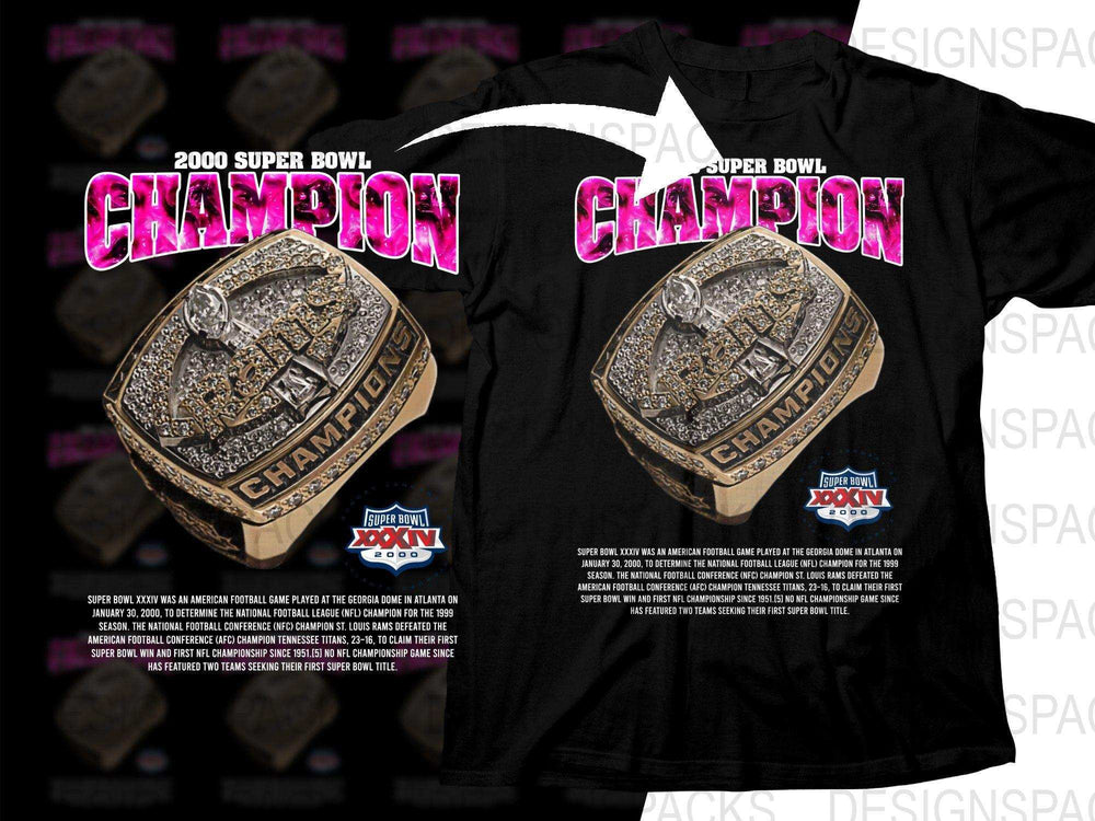 2000 Super Bowl Champion t-shirt design with pink text and championship ring graphic, print-ready for DTF/DTG