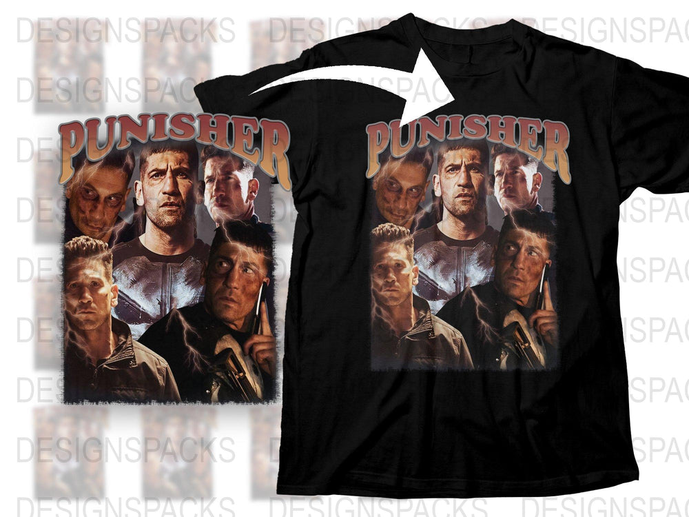 Punisher T-Shirt with Multiple Face Collage, Classic Comic Book Style, Men's Black Tee, Graphic Tee, Fan Gift