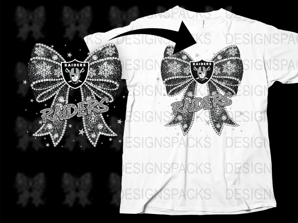 Raiders Sparkle Bow Design T-Shirt, Glitter Cheer Bow Graphic Tee, Sports Fan Gift Idea
