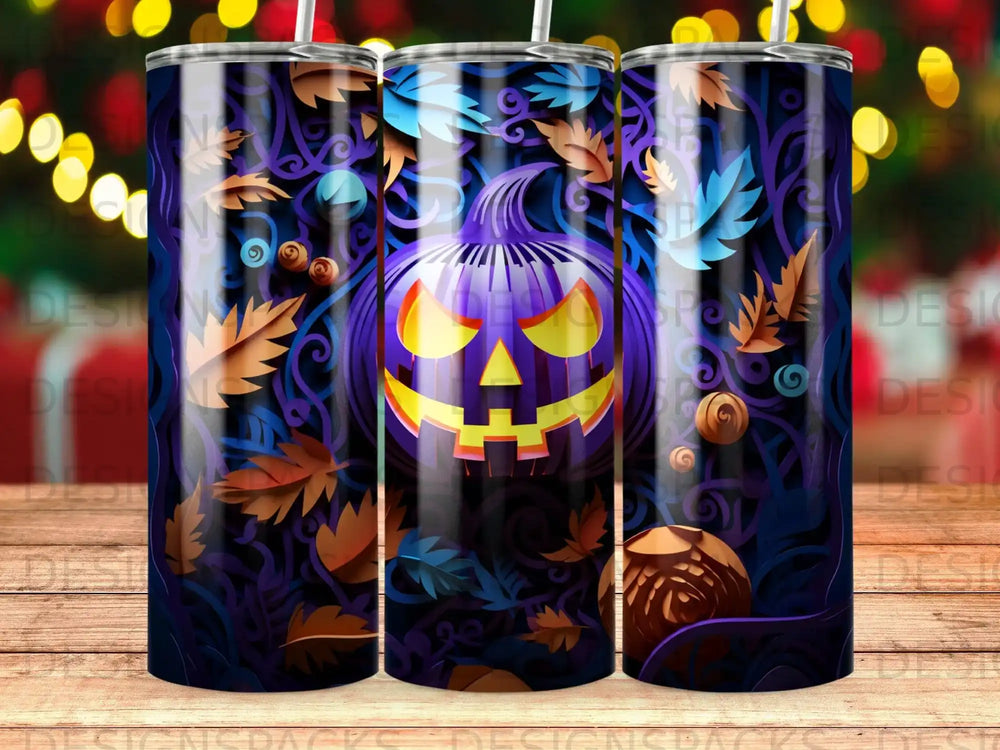 Tumbler with jack-o'-lantern and swirling purple and blue autumn leaves.