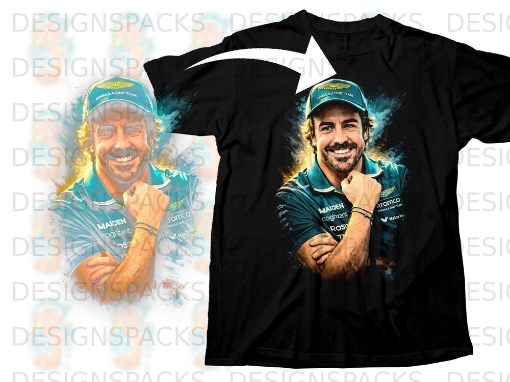 Fernando Alonso on black t-shirt with "Formula One Team" and sponsor logos.