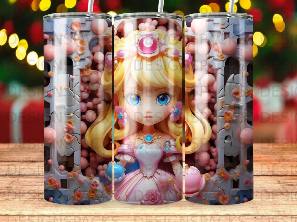 Anime princess in pink and blue dress with ornate castle background.