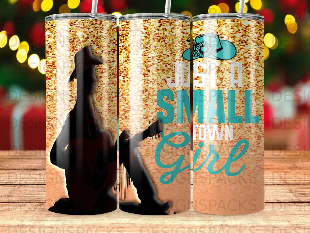Cowboy hat and guitar silhouette over sparkly gold background with text "Just a small town girl".